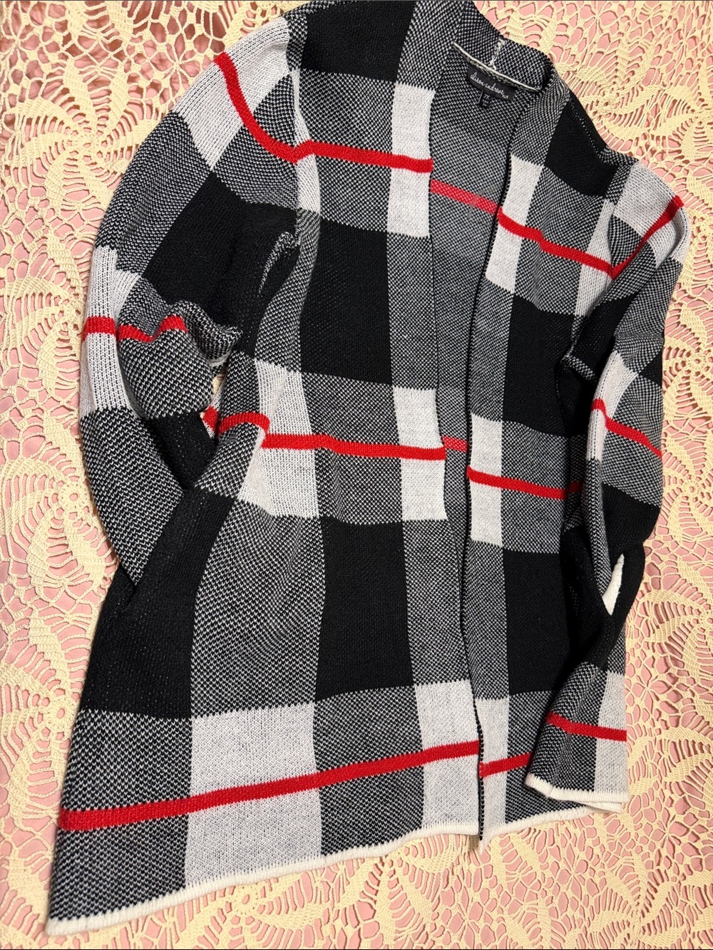 Black & Gray Plaid Open-Front Women’s Sweater Cardigan with Red Accents
